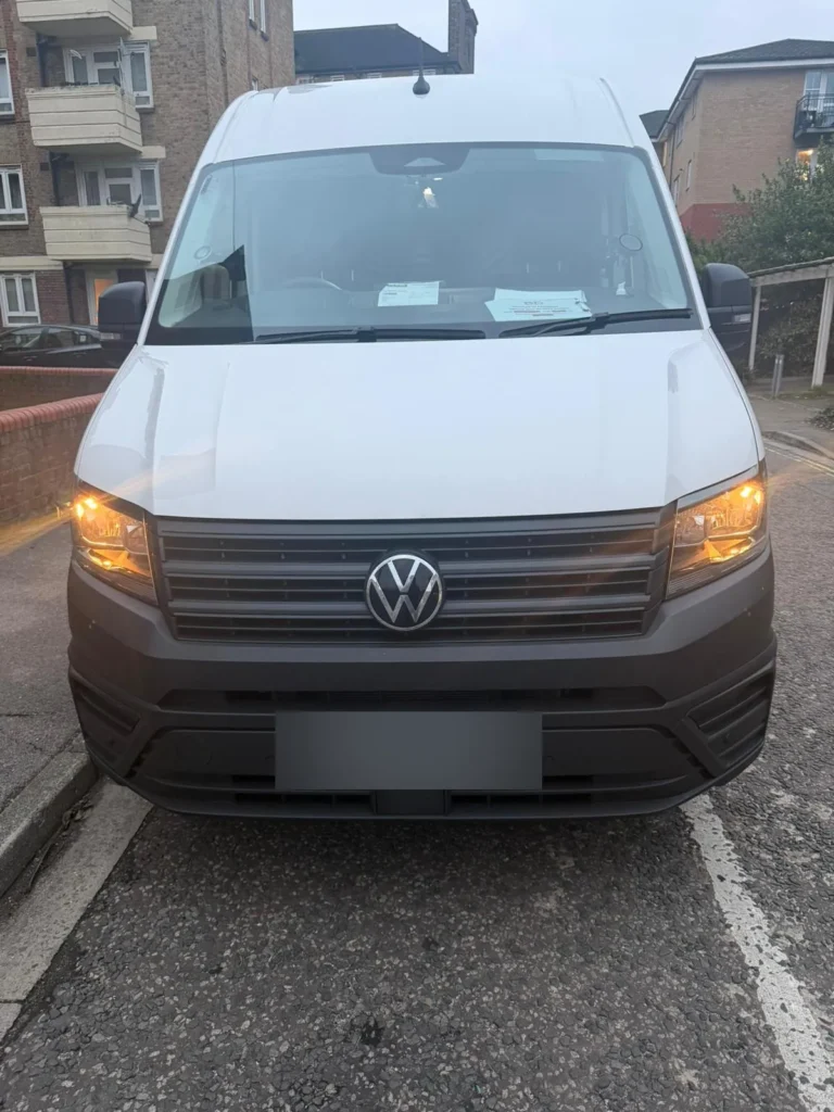 Front of a First Choice Transportation VW Crafter LWB van for same day courier jobs