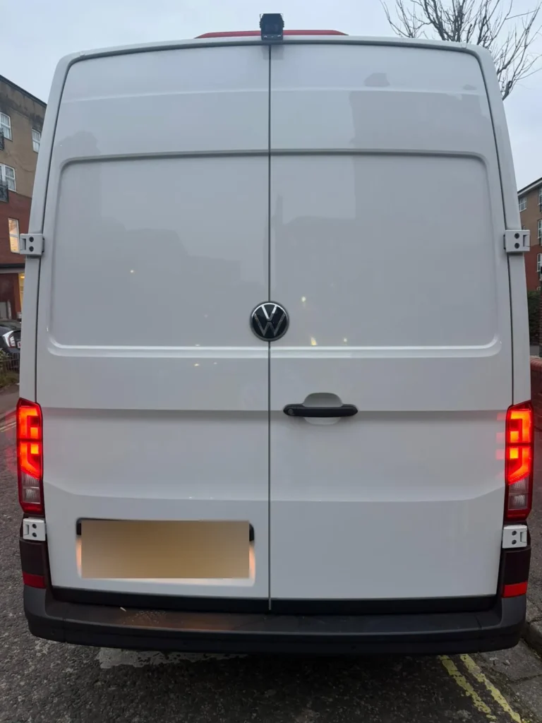 Rear doors of a First Choice Transportation VW Crafter LWB high roof van